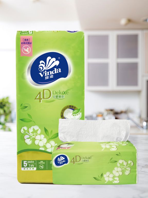 Бумажные трёхслойные салфетки Vinda 4D Deluxe в зел. упаковке 5в1, 500 шт. (с ароматом зелёного чая)