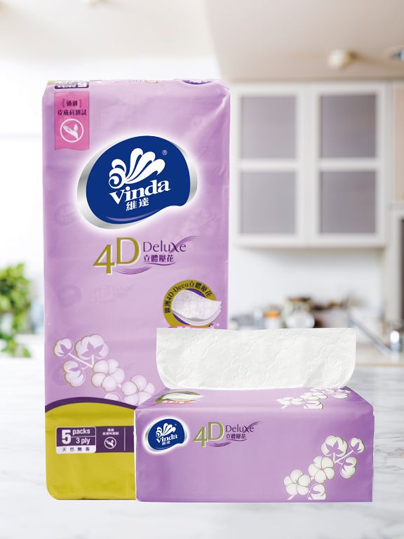 Бумажные трёхслойные салфетки Vinda 4D Deluxe в сиреневой упаковке 5в1, 500 шт. (без запаха)